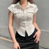 Solid color, elegant lapel, pocket, breasted, slimming and form-fitting short-sleeved 2022 European and American export women's fashion shirt top details Picture